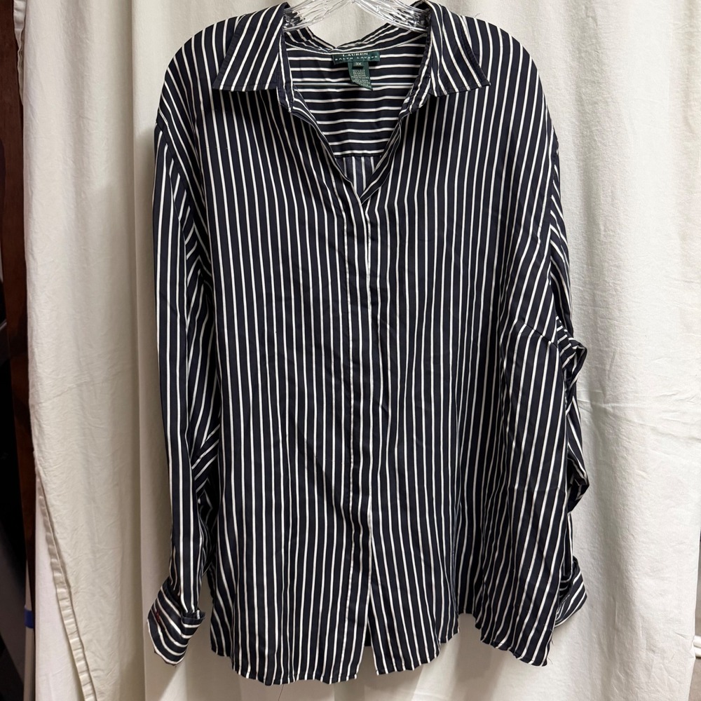 Lauren Ralph Lauren 100% Silk Striped Button Down Shirt Navy White 3X Plus Size